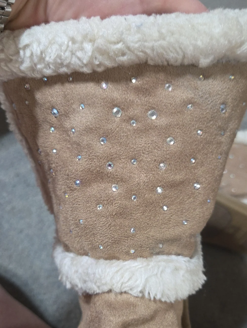 Justice Rhinestone Girls Tan Faux-Shearling Winter Boots with Pom-Pom Ties 8